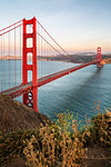 View of Golden Gate Bridge from Golden Gate Bridge Vista Point at sunset, San Francisco, California, United States of America, North America