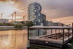 View of the Spree River after sunrise in Berlin with modern buildings in the background, Berlin, Germany, Europe