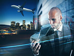 Double exposure of images of transport vehicles and a business man. 3D Rendering