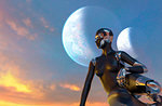 Cyborg Woman - Humanoid looking the sunset - 3D rendering