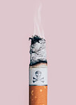 Cigarette burning with skull and bones symbol, smoke addiction and illness concept