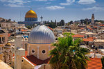 Cityscape image of old town Jerusalem, Israel with the Church of St. Mary of agony and the Dome of the Rock.