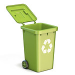 Green plastic recycle bin opened 3D render illustration isolated on white background