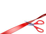 Scissors cutting red ribbon 3D render illustration isolated on white background