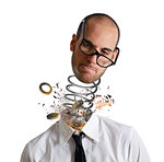 Stress and overwork concept. Explosion of a head of a tired businessman