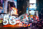 Digital composite of 5G with New York City night lights on the background. High speed mobile web technology concept