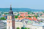 Krakow from above - in the square Tower Hall with clocks and roofs