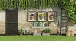 Garden with potted flowers framed by wooden frames