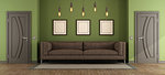 Modern green and brown living room with fabric sofa and two closed doors - 3d rendering