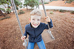 wide angle portrait of cheerful adorable little boy enjoying his childhood at swings in the park