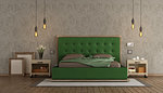 Master bedroom with green double bed and nightstand against stucco wall - 3d rendering