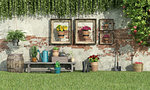 Sunny garden with flowers and plants against old brick wall - 3d rendering