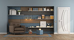 Blue and brown living room with armchair and fabric paneling