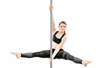 flexible athlete with a good stretch with a twine on the pylon on a white background