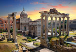 Temples and ruins of Roman Forum at sunset, Italy