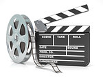 Film reel and movie clapper board. Video icon. 3D render illustration isolated on white background