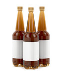 Three big plastic beer bottles with blank labels on white background