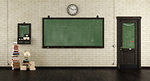 Empty retro classroom with blackboards.wooden door and books on hardwood floor - 3d rendering