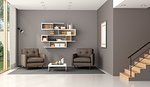 Modern living room wuth two armchairs,bookcase and wooden stair - 3d rendering
