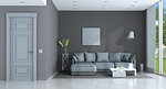 Purple and gray living room with classic sofa and closed door - 3d rendering