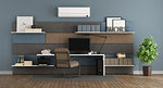 Blue and brown modern office with fabric paneling with shelves and desk - 3d rendering
