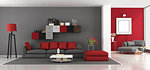Red and gray modern living room with sofa and chaise lounge on background - 3d rendering