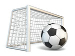 Soccer ball and soccer gate side view 3D rendering illustration isolated on white background