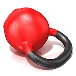 Red kettle bell weight, lying on its side, isolated on a white background. 3D render illustration.