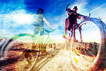 Bicycle and extreme sport concept background.Lifestyle and adventure with bike double exposure.