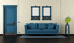 Retro living room with closed door and blue sofa against brickwall - 3d rendering