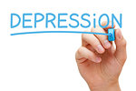 Hand writing the word Depression with blue marker on transparent wipe board isolated on white.