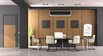 Black and wooden boardroom with modern office furniture and closed door - 3d rendering