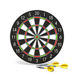 Yellow dart arrows in front of dartboard 3D rendering illustration isolated on white background