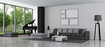 Living room of a modern villa with sofa and grand piano - 3d rendering