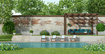 Garden with large pool,deck chair and blue sofa under a wooden pergola - 3d rendering