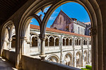 Archway views of the courtyard and Cloister at Alcobaca Monastery and church in Alcobaca in Leiria District in Oeste, Portugal