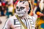 Close-up portrait of an indigenous tribal dancer at a St Michael Archangel Festival parade in San Miguel de Allende, Mexico