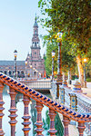 Details of decorated ceramic pillars of balustrade in typical Art Deco style, Plaza de Espana, Seville, Andalusia, Spain, Europe