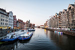 Hanseatic League houses on the Motlawa River at sunset in the pedestrian zone of Gdansk, Poland, Europe