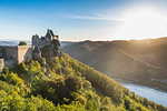 Castle Aggstein overlooking the River Danube in the Wachau at sunset, Austria, Europe