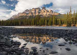 Castle Mountain and Bow River sunset and reflection, Banff National Park, UNESCO World Heritage Site, Alberta, Canadian Rockies, Canada, North America