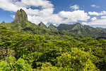 View of the rugged mountains surrounding Opunohu Valley from the Belvedere Overlook, Moorea, French Polynesia, South Pacific, Pacific