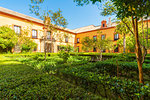 Lush gardens and hedges in the courtyards and outdoor areas of the Real Alcazar, UNESCO World Heritage Site, Seville, Andalusia, Spain, Europe