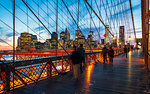 Manhattan skyline from the Brooklyn Bridge at night, New York, United States of America, North America