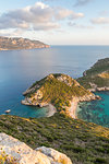 Elevated view from a lookout over the Porto Timoni Double Bay at sunset, Afionas, Corfu, Greek Islands, Greece, Europe