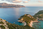 Elevated view from a lookout over the Porto Timoni Double Bay at sunset, Afionas, Corfu, Greek Islands, Greece, Europe