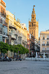 The Giralda Bell tower seen from San Francisco Square at sunset, Seville, Andalusia, Spain, Europe