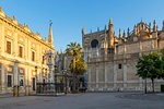 Cathedral of Seville and Archivo de Indias, UNESCO World Heritage Site, seen from Plaza del Triunfo at first sunlight, Seville, Andalusia, Spain, Europe