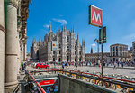 View of Duomo di Milano and Metro entrance in Piazza Del Duomo on a sunny day, Milan, Lombardy, Italy, Europe