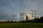 Coal fired power station cooling tower and chimney with power lines in the foreground, Netherlands